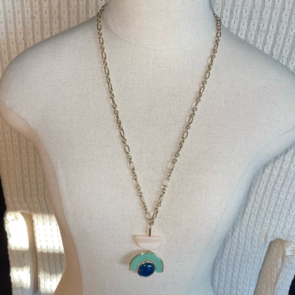 J Crew Gold Green Geometric Posts Dangle Necklace - image 1